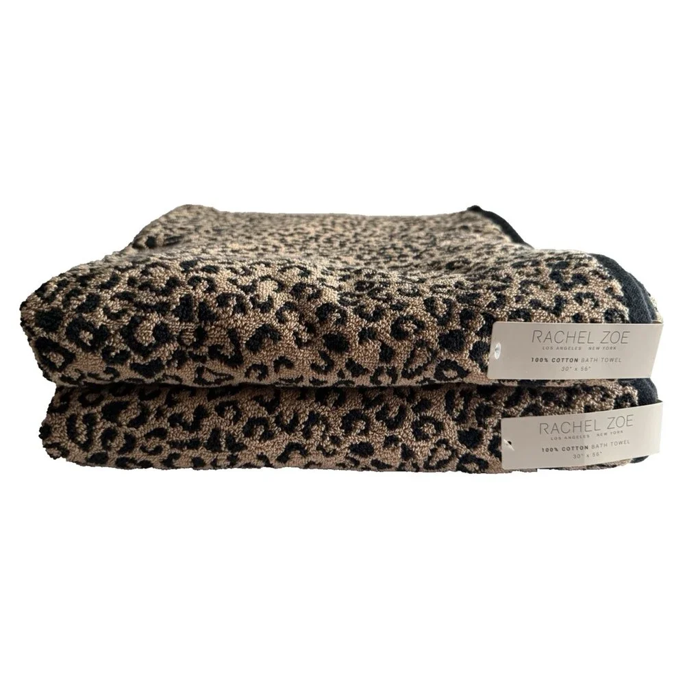 Rachel Zoe Leopard Print Bath Towels 100% Cotton 30x56 Set of 2 Black Brown
